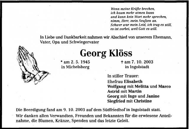 Kloess Georg 1945-2003 Todesanzeige